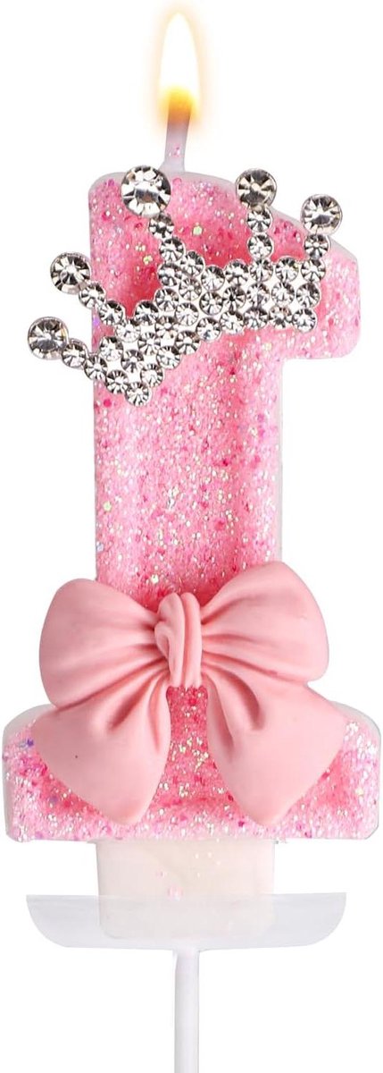 JHubers Goods - 1e Verjaardagskaars Roze Met Strik Kroon | Elegante Nummer Kaars Taart Decoratie | Verjaardagsfeestje Jubileum Decoratie